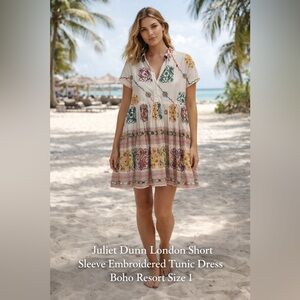 Juliet Dunn London Embroidered Mirror Tunic Dress Short Sleeve Boho Resort